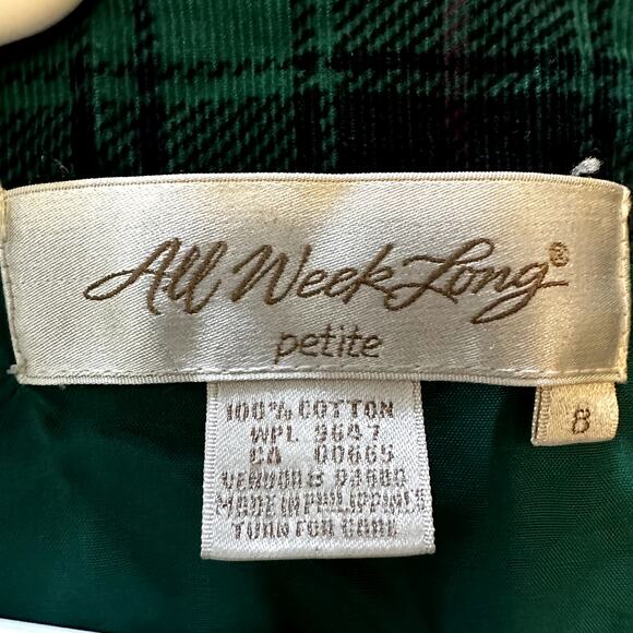 All Week Long Corduroy Dress 100% Cotton Wrap Button Up Gingham Plaid Green 8P - Picture 3 of 5